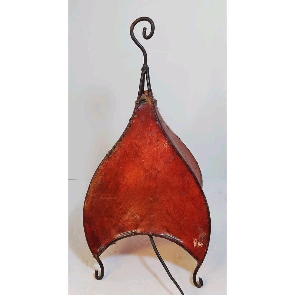 Vintage Pig Skin Table Lamp Iron Accent Light Spanish Red Leather Scroll Bedside - Picture 3 of 16